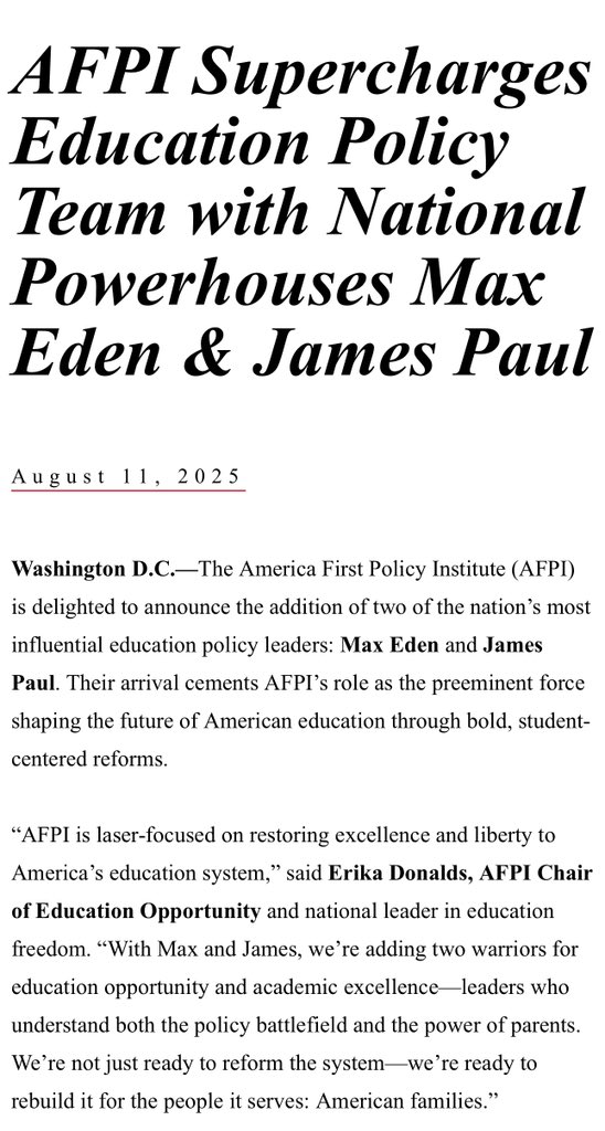 Erika Donalds (@erikadonalds) on Twitter photo 📣 Announcing the America First Education Team!
As Chair of Education Opportunity at <a href="/A1Policy/">America First Policy Institute</a>, I am thrilled to welcome <a href="/maxeden99/">Max Eden</a> as Federal Education Policy Director and <a href="/james_d_paul/">James Paul</a> as State Education Policy Director.
Excited to work with Max, James, and our incredible 📣 Announcing the America First Education Team!
As Chair of Education Opportunity at <a href="/A1Policy/">America First Policy Institute</a>, I am thrilled to welcome <a href="/maxeden99/">Max Eden</a> as Federal Education Policy Director and <a href="/james_d_paul/">James Paul</a> as State Education Policy Director.
Excited to work with Max, James, and our incredible