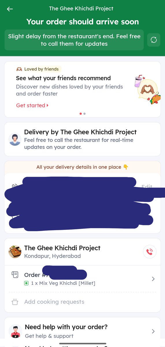 SINGALURI's tweet photo. Hey @zomato, I ordered from The Ghee Khichdi Project 40 mins ago (restaurant is just 1 km away) and still no updates. App says "call the restaurant" but only gives Zomato care number. Took 5 mins to connect, 20 secs of talk, then on hold for 7+ mins. What’s going on?
@zomatocare https://t.co/VBIAXKFfCo