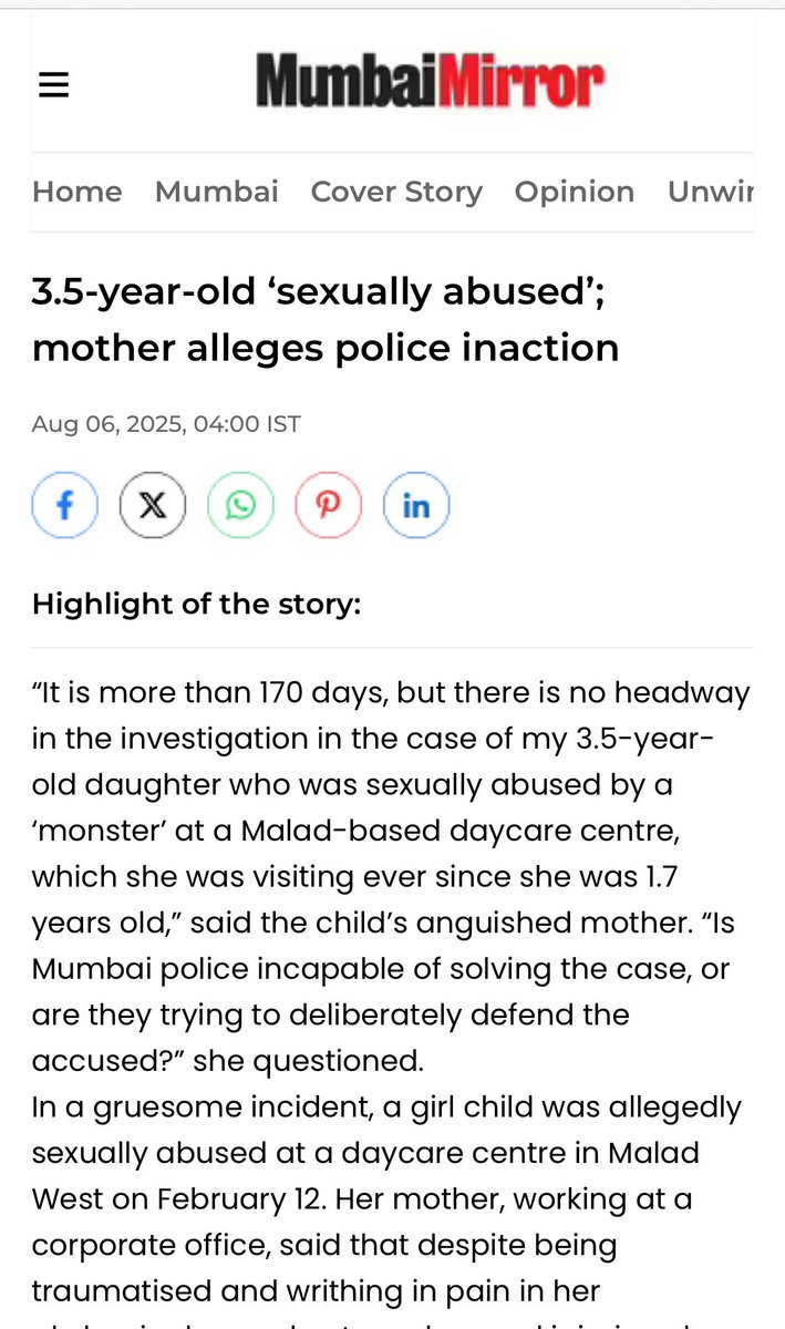 Parents send their little ones, their piece of heart to schools for a bright future &amp; this tragedy awaits?

And how is a POCSO case seeing zero arrests? 

3.5-year-old ‘sexually abused’; mother alleges police inaction

The horror from Malad, Mumbai 

mumbaimirror.indiatimes.com/mumbai/3-5-yea…