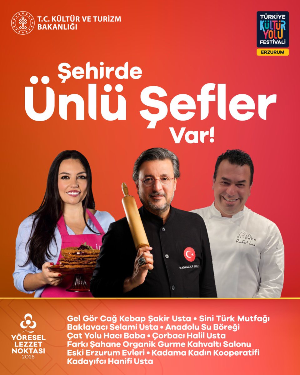 organizasyonRB's tweet photo. Mutfak sanatının yıldızları, Yöresel Lezzet Noktaları’nda buluşuyor! 16 Ağustos’da Erzurum Kültür Yolu Festivali başlıyor!
#şehirdefestivalvar
@RamazanBingol @ChefRafetince @turkiyeky @kultur_yolu https://t.co/6ZcxXG9pF6