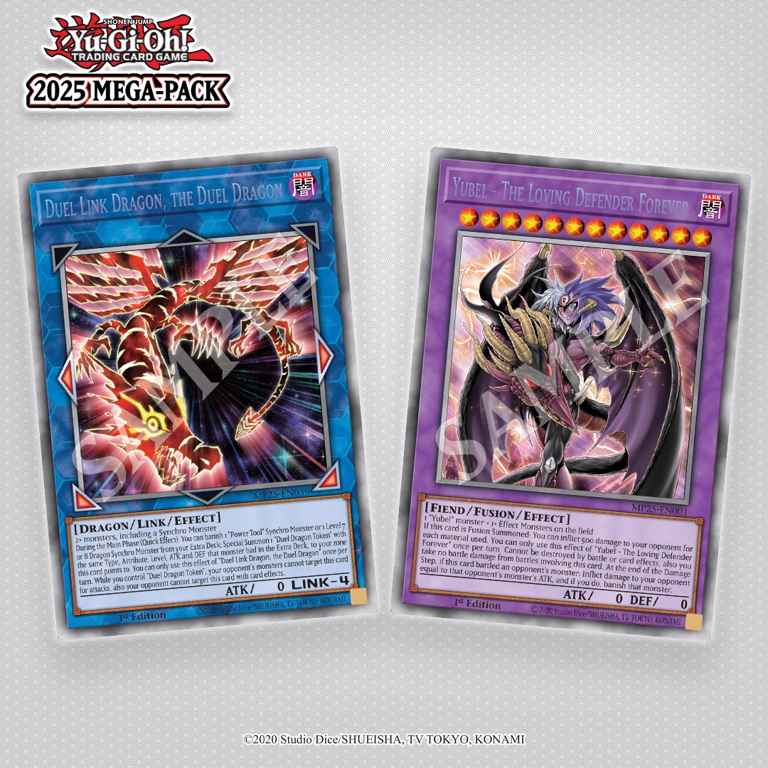 ❰2025 𝗠𝗲𝗴𝗮 𝗣𝗮𝗰𝗸❱
Here are today's Starlight Rare reveals from the upcoming 2025 Mega-Packs!

🟦 Duel Link Dragon, the Duel Dragon
First public printing since this card was released as a prize in 2019 ✨

🟪 Yubel - The Loving Defender Forever

*️⃣ In the Mega-Pack Tin or