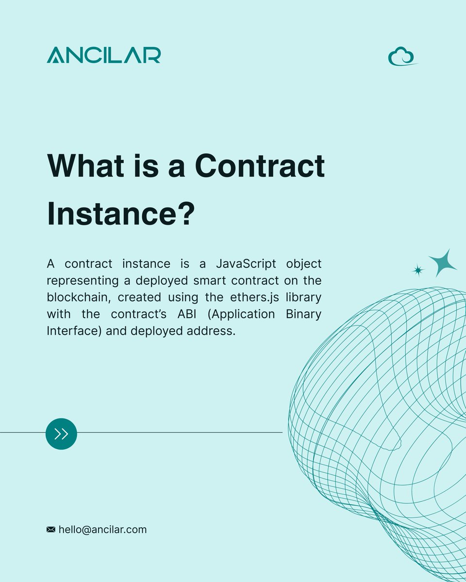 ancilartech's tweet image. Ethers.js Contract Instances 🔑
Your remote control for Ethereum smart contracts — precise, powerful, dev-friendly.
This Monday: tips & best practices. Next: a new topic.
#LearnWithAncilar #Ethersjs #Web3Dev #BlockchainDev