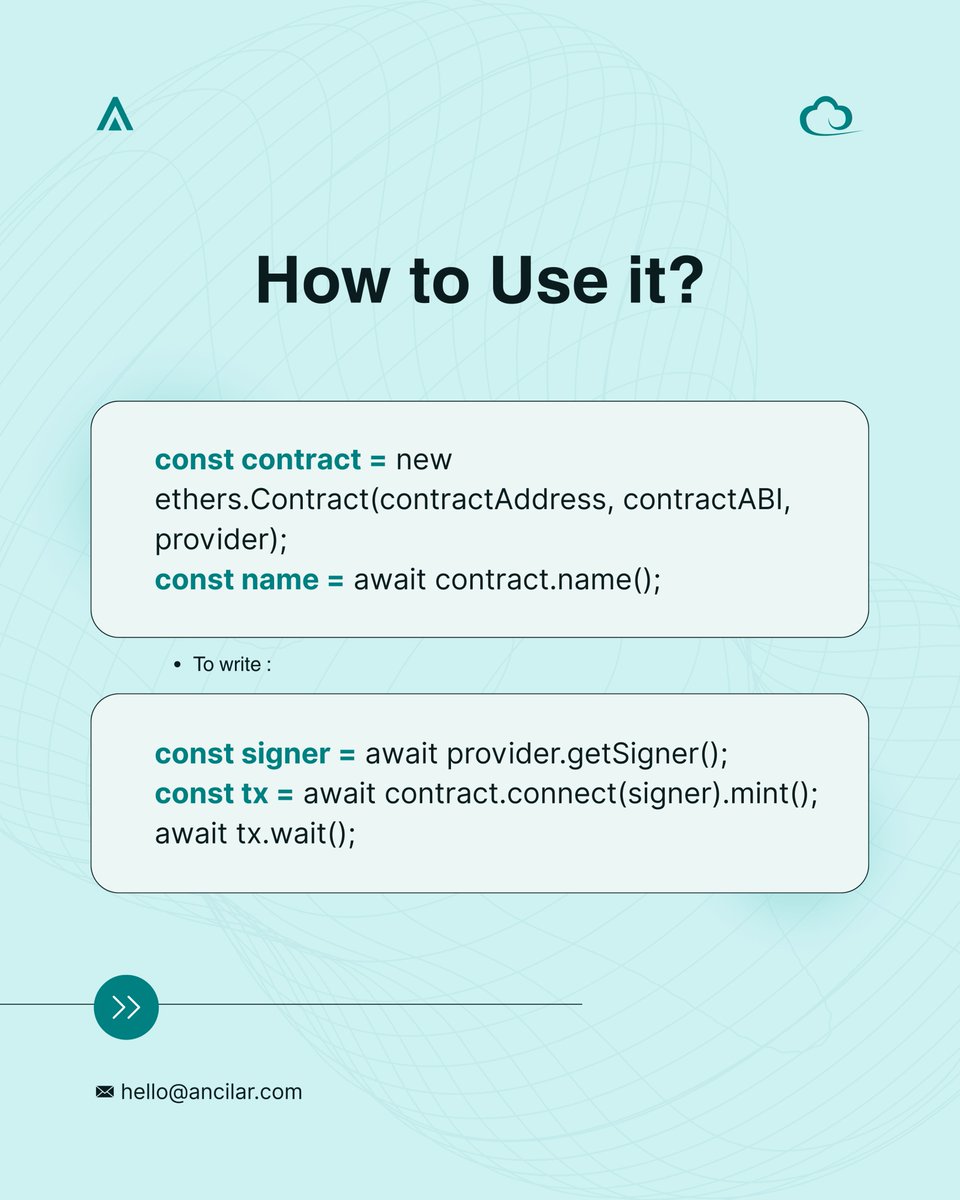 ancilartech's tweet image. Ethers.js Contract Instances 🔑
Your remote control for Ethereum smart contracts — precise, powerful, dev-friendly.
This Monday: tips & best practices. Next: a new topic.
#LearnWithAncilar #Ethersjs #Web3Dev #BlockchainDev
