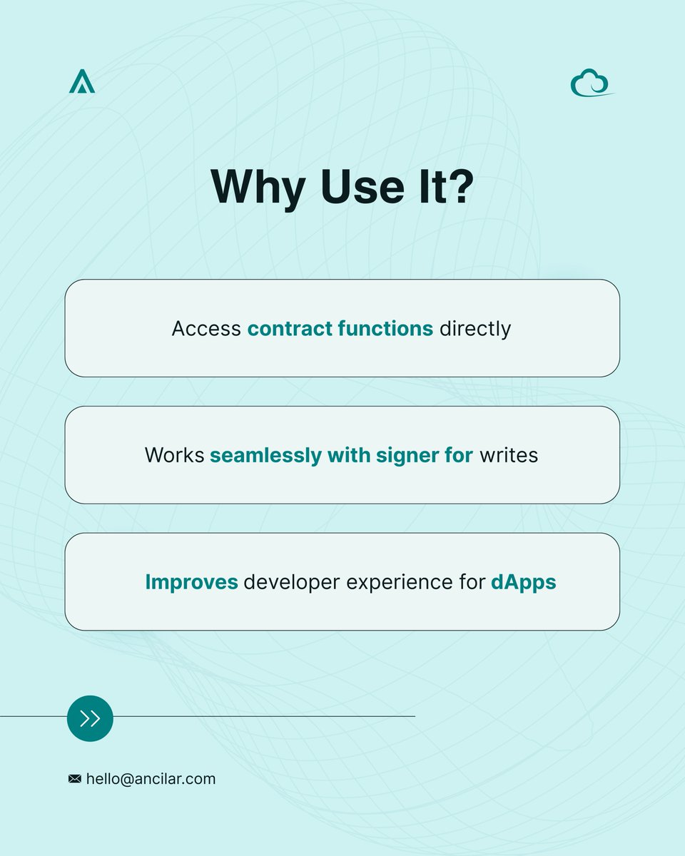 ancilartech's tweet image. Ethers.js Contract Instances 🔑
Your remote control for Ethereum smart contracts — precise, powerful, dev-friendly.
This Monday: tips & best practices. Next: a new topic.
#LearnWithAncilar #Ethersjs #Web3Dev #BlockchainDev