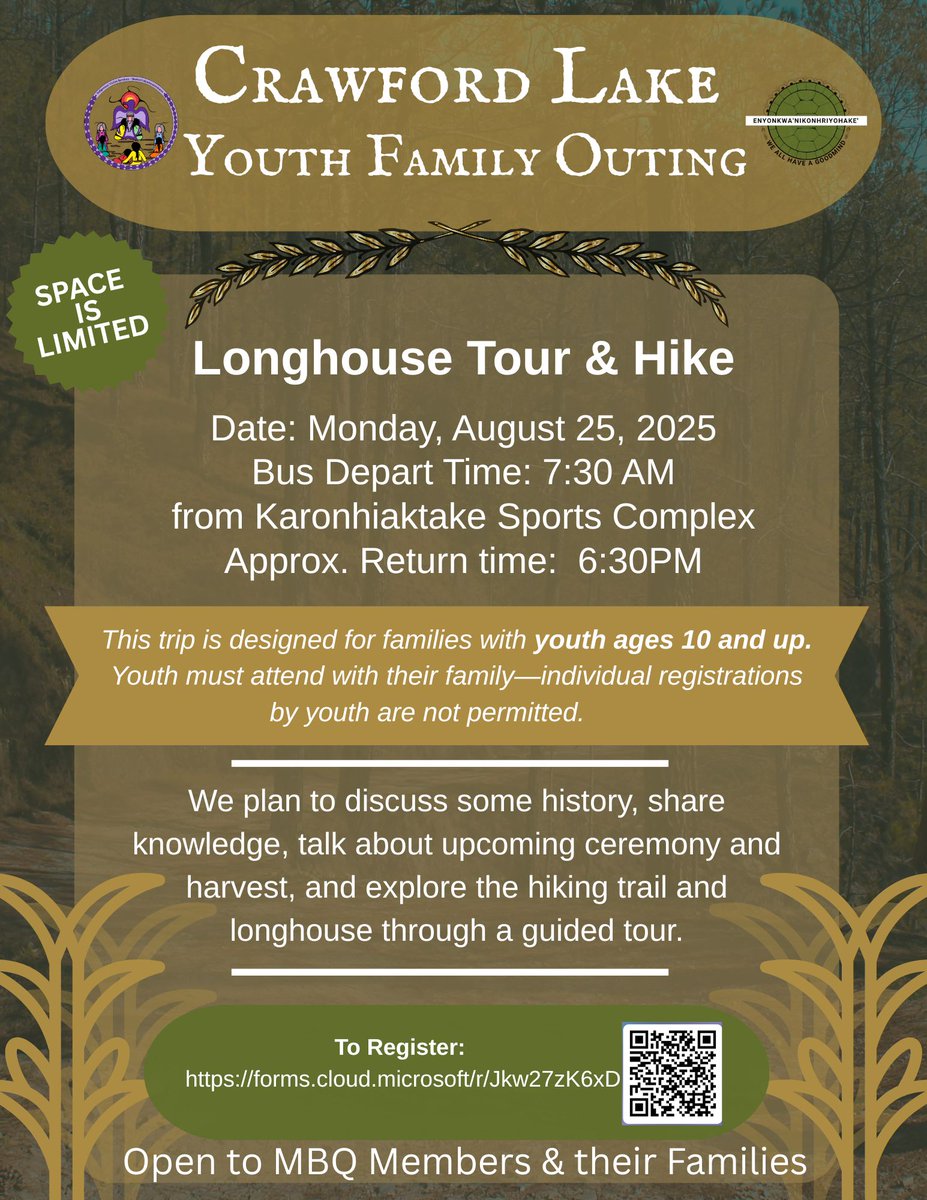 There are limited spaces to join us for the Crawford Lake Youth Family Outing. This is intended for youth 10 and older and youth must attend with their family.
To register for this outing, please scan the QR code below or visit:
forms.cloud.microsoft/r/Jkw27zK6xD