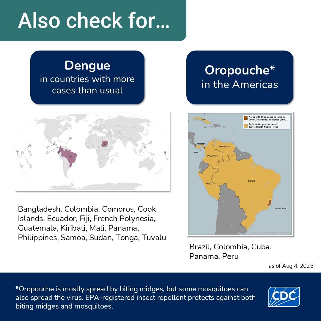 Traveling soon? Check for any Travel Health Notices for your destination, especially ones about mosquito-borne diseases. Pack EPA-registered insect repellent &amp; stay bite-free. #TravelSmart #MosquitoSafety
bit.ly/4cBp8qF
