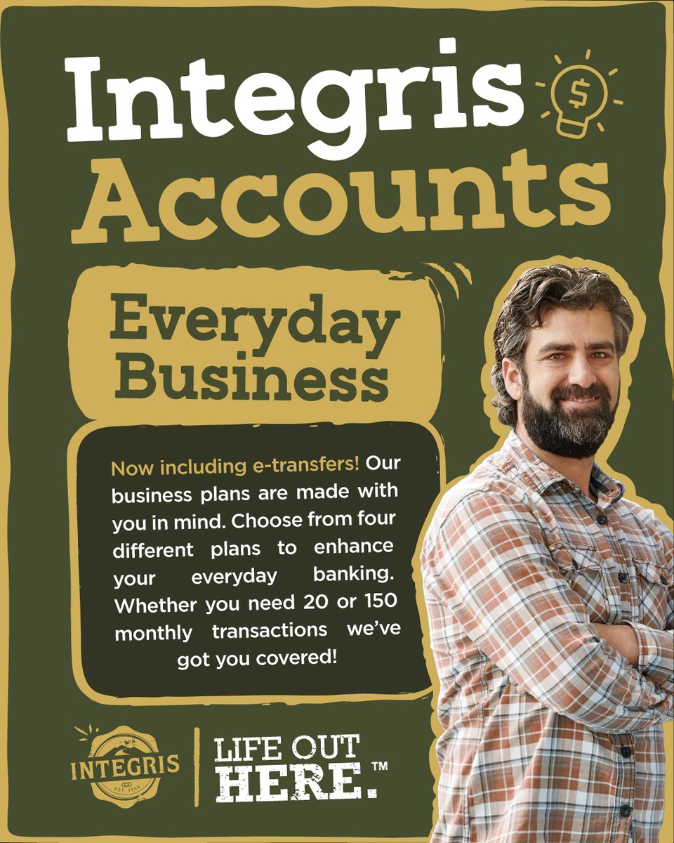 IntegrisCU's tweet image. Business banking that fits your needs.
With flexible options and e-transfers included, our Everyday Business Chequing Accounts are built to grow with you.

📍Connect today at integriscu.ca 

#IntegrisCU #BusinessBanking #NorthernBCBusiness #EverydayBusiness