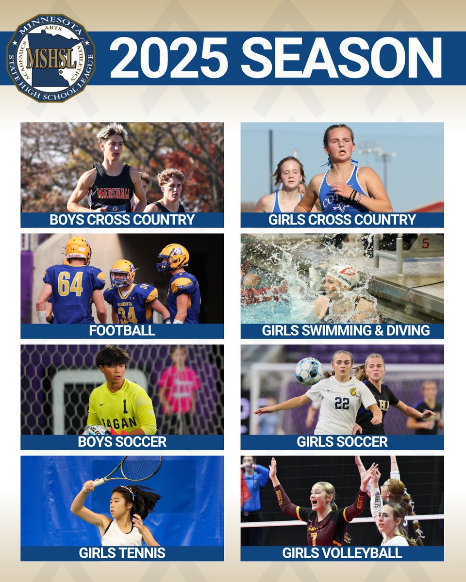 Welcome to 2025-2026!

It's the first day of practice for Cross Country, Football, Soccer, Girls Swimming and Diving, Girls Tennis and Girls Volleyball teams. Have a great season!

🗓️ mshsl.org/calendar