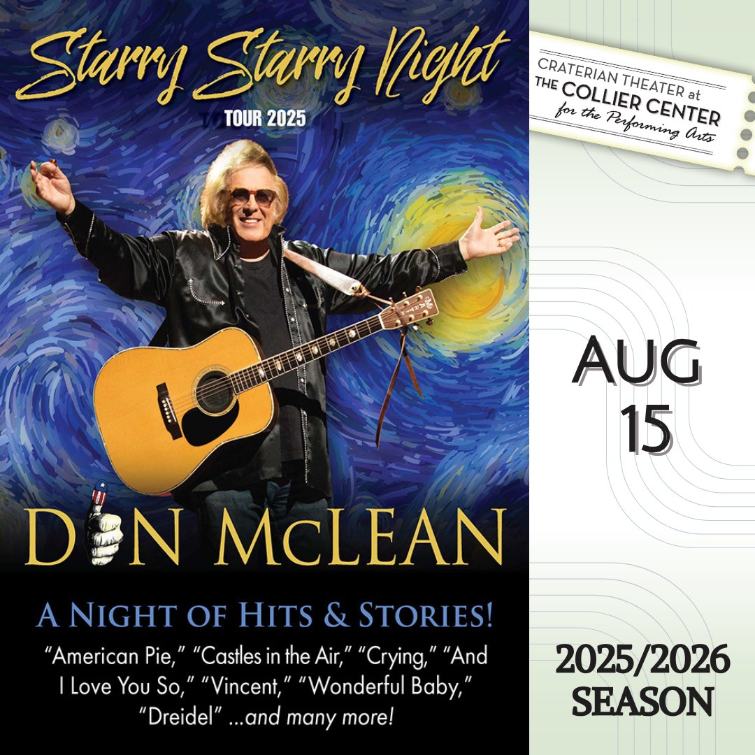 Don McLean Starry Starry Night Tour 2025
Friday, August 15 - 7:00pm

Don McLean is one of American history’s most revered and respected songwriters. Don’t miss him LIVE, on the Craterian Stage Friday, August 15 at 7:00pm.

#roguevalley #southernoregon #medfordoregon #oregon