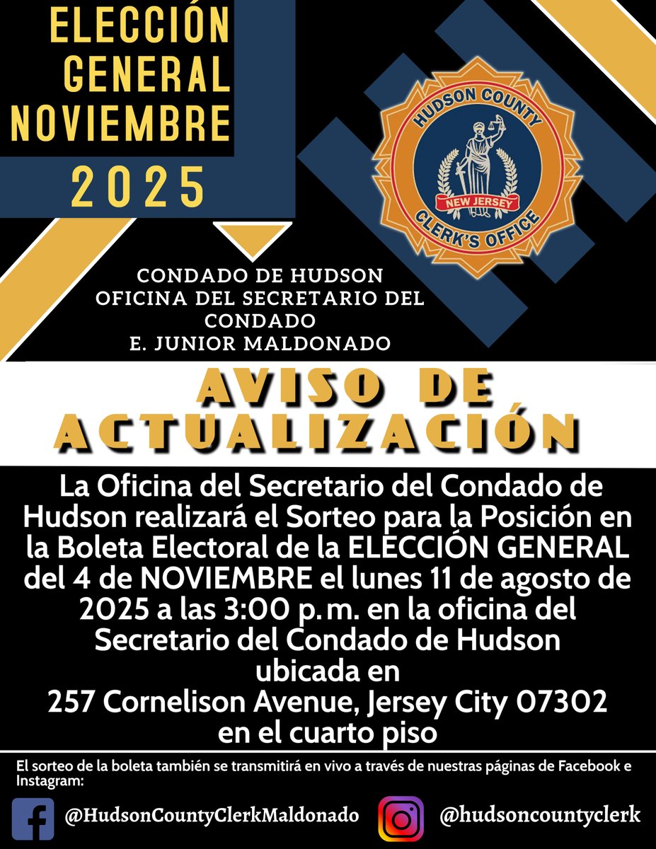 Please note that today's BALLLOT DRAWING for the November 4th General Election will now take place at the Hudson County Clerk's Office on the FOURTH FLOOR instead of the Hudson Plaza 1st Floor Press Room