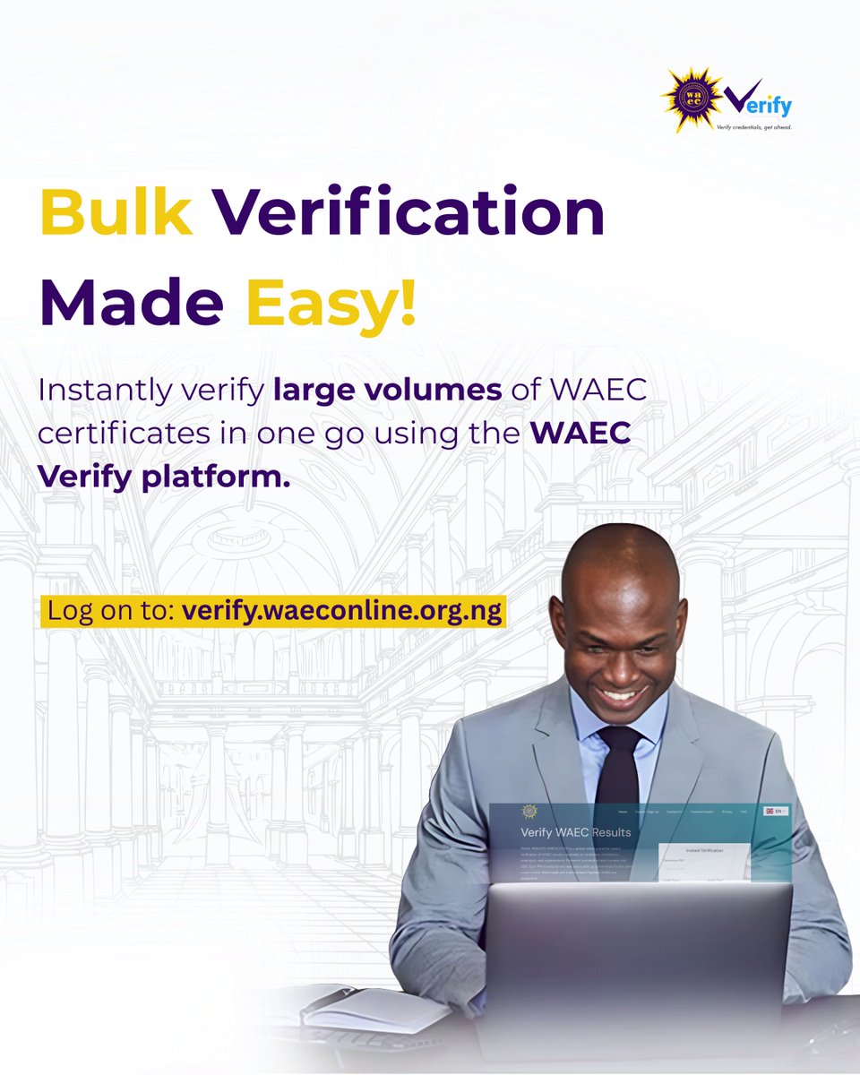 Authenticate WAEC Result (@waec_result) on Twitter photo Save time with bulk WAEC certificate verification!
Verify multiple WAEC certificates instantly and effortlessly, all in one go.
🔗 Visit verify.waeconline.org.ng to get started.
📲 Follow <a href="/WAEC_Result/">Authenticate WAEC Result</a> for more updates.
#waec #verify #waecverify #sidmach #recruitment Save time with bulk WAEC certificate verification!
Verify multiple WAEC certificates instantly and effortlessly, all in one go.
🔗 Visit verify.waeconline.org.ng to get started.
📲 Follow <a href="/WAEC_Result/">Authenticate WAEC Result</a> for more updates.
#waec #verify #waecverify #sidmach #recruitment