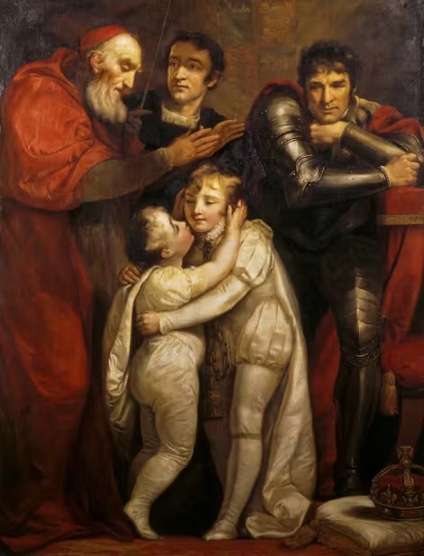 RichardIIIGhost's tweet photo. Look at me watching my nephews fondly.

The Meeting of Edward V &amp; his Brother Richard, Duke of York, contemplated by Richard III.
Romantically imagined scene by 19th-century artist James Northcote depicting the brothers younger than they were, heightening the drama. https://t.co/c9BQNsseMi