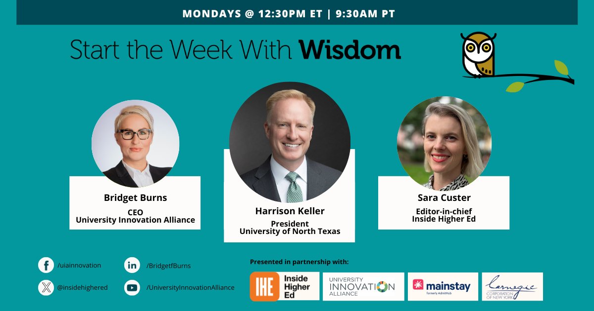 University Innovation Alliance (UIA) (@uiainnovation) on Twitter photo ⏰ Starting in 15 Minutes ⏰
<a href="/UNTPrez/">Harrison Keller, Ph.D.</a>, Harrison Keller joins our CEO, @bburnsedu & @sara_custer from @InsideHigherEd to share how clarity, trust & purpose can guide #HigherEdLeadership.
Join us LIVE!
9:30am PT | 12:30pm ET
Thanks to our sponsors <a href="/hey_mainstay/">Mainstay</a> & <a href="/CarnegieCorp/">Carnegie Corporation of New York</a> ⏰ Starting in 15 Minutes ⏰
<a href="/UNTPrez/">Harrison Keller, Ph.D.</a>, Harrison Keller joins our CEO, @bburnsedu & @sara_custer from @InsideHigherEd to share how clarity, trust & purpose can guide #HigherEdLeadership.
Join us LIVE!
9:30am PT | 12:30pm ET
Thanks to our sponsors <a href="/hey_mainstay/">Mainstay</a> & <a href="/CarnegieCorp/">Carnegie Corporation of New York</a>
