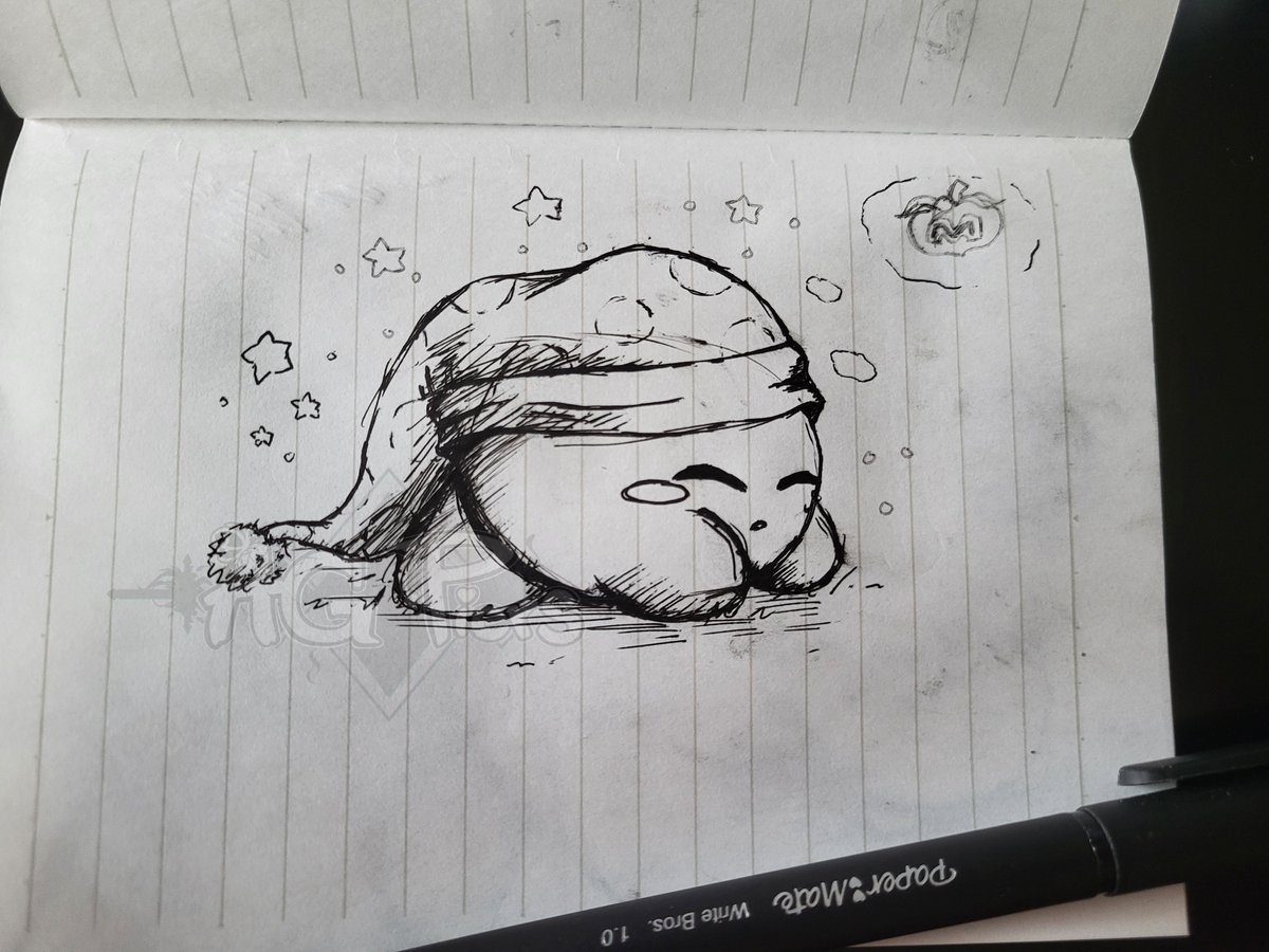 Random Sketches P. 7  
Sleeping Kirby Dreaming of a Maxim Tomato  

I ran out of ink if you notice by some stars and the tomato...

 #kirby • #カービィ • #art • #sketches