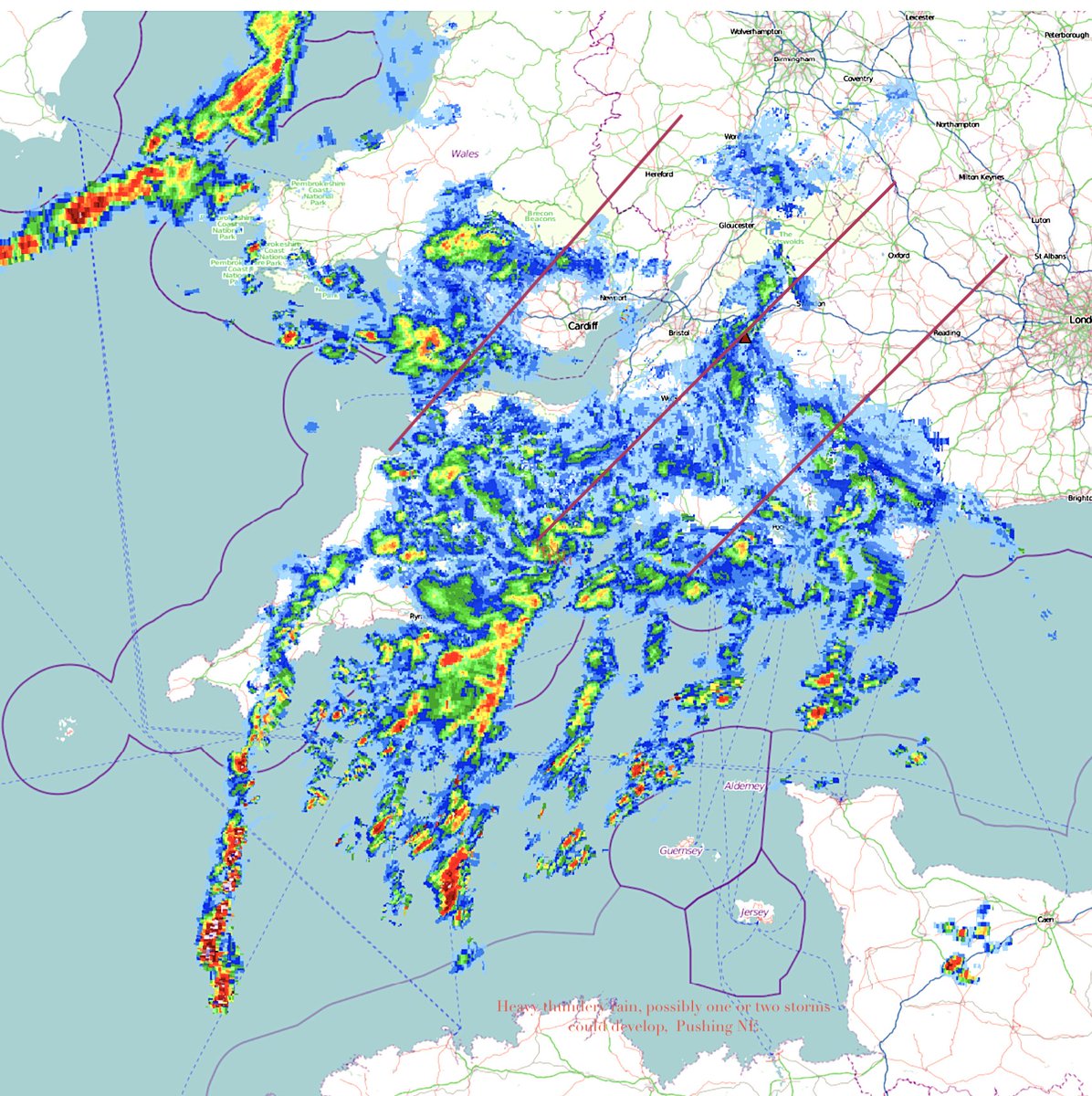 Rain\Heavy thundery rain pushing NE, cannot rule out storm development later this evening/ early hours..