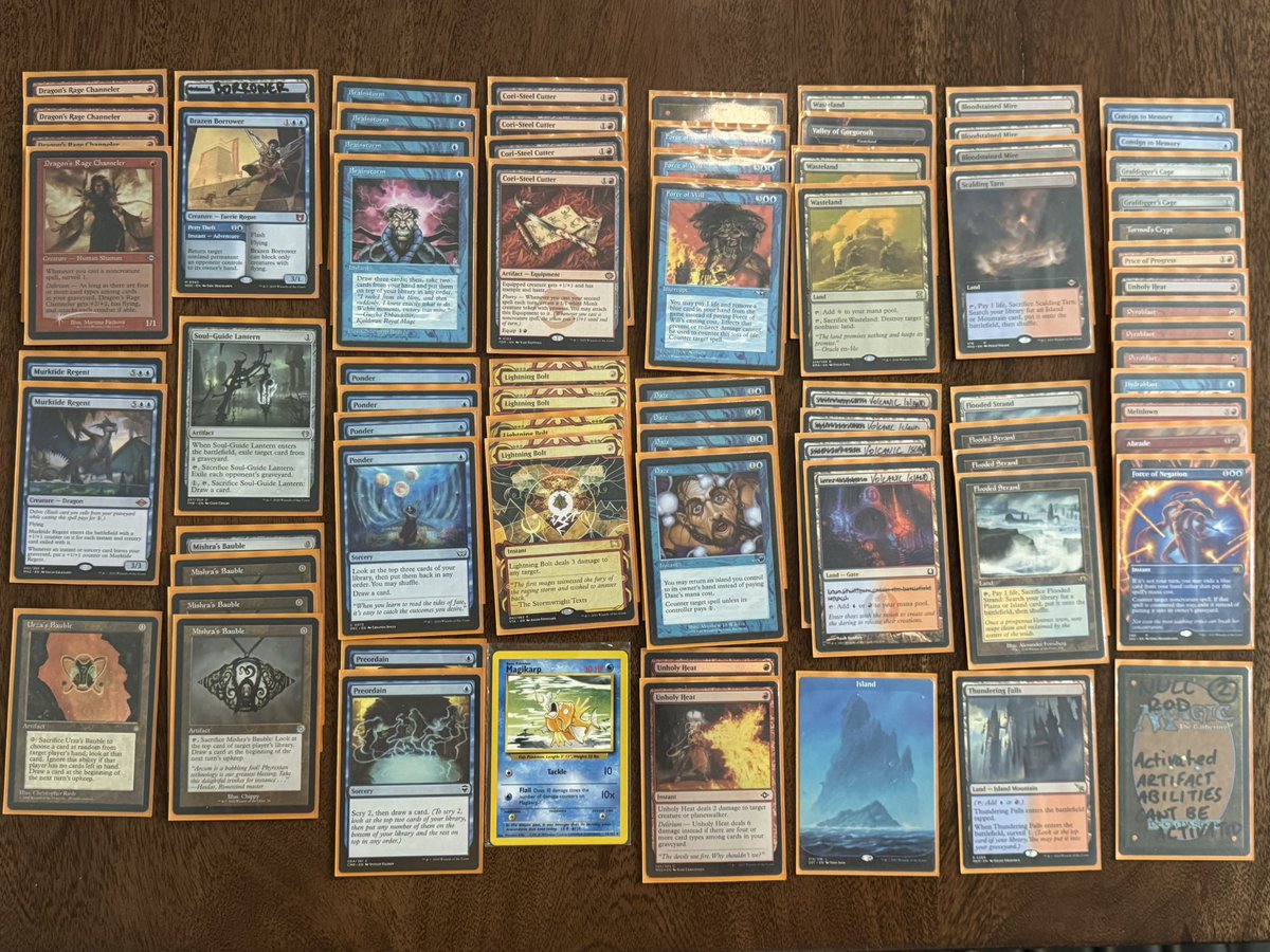 Almost done my list for weekly proxy friendly legacy. Played 4 weeks and have gone X-1 or X-0 and having a blast learning the format. Last force in the mail, need to swap mites for tarns. Volcanics will just be shocks at non-proxy events cuz $$
#MTGLegacy