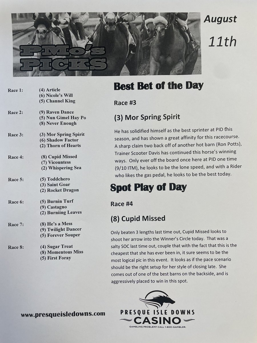 PMosPicks (@pmopicks) on Twitter photo An absolutely outstanding day of Racing here <a href="/PID_Casino/">Presque Isle Downs & Casino</a> including the AVERY WHISMAN MEMORIAL! The card is fantastic. Get ready to be challenged. ! <a href="/TwinSpires/">TwinSpires Racing 🏇</a> <a href="/PennHorseRacing/">PennHorseRacing</a> <a href="/PA_HBPA/">Pa HBPA</a> <a href="/garypaljr/">Gary Palmisano</a> <a href="/PA_PHBA/">PA Bred</a> <a href="/Hinesite/">Nick J. Hines aka “Sarge” 🇺🇸</a> <a href="/BlaiseLBC/">Blaise Bollman</a> An absolutely outstanding day of Racing here <a href="/PID_Casino/">Presque Isle Downs & Casino</a> including the AVERY WHISMAN MEMORIAL! The card is fantastic. Get ready to be challenged. ! <a href="/TwinSpires/">TwinSpires Racing 🏇</a> <a href="/PennHorseRacing/">PennHorseRacing</a> <a href="/PA_HBPA/">Pa HBPA</a> <a href="/garypaljr/">Gary Palmisano</a> <a href="/PA_PHBA/">PA Bred</a> <a href="/Hinesite/">Nick J. Hines aka “Sarge” 🇺🇸</a> <a href="/BlaiseLBC/">Blaise Bollman</a>