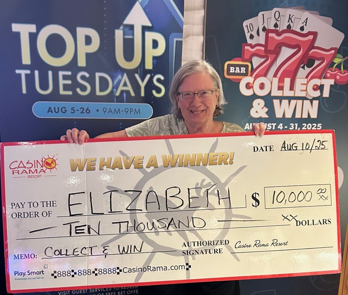 CasinoRamaLive's tweet image. 🎉 Big congratulations to Elizabeth on winning the Collect &amp;amp; Win $10,000 draw yesterday! 🎉
Don't miss your chance to win $10,000 next Sunday at 8pm. 

Reward Life with My Club Rewards, only at Gateway Casinos! #RewardLife #MyClubRewards  
19+ | PlaySmart