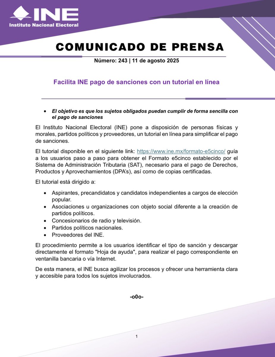 #BoletínINE 📑 | Facilita INE pago de sanciones con un tutorial en línea. 

centralelectoral.ine.mx/2025/08/11/fac…