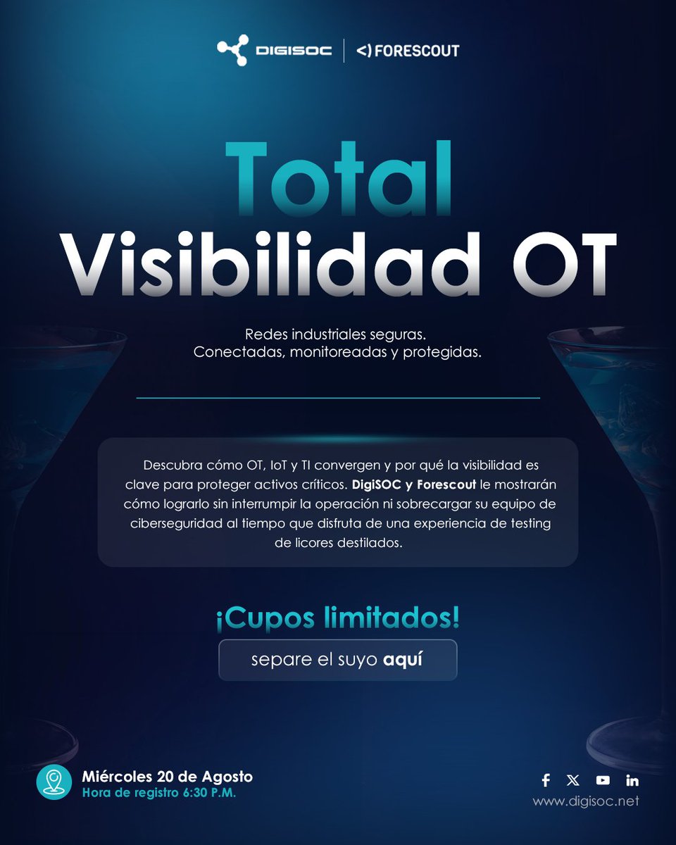 digisoc_mdr's tweet image. #Evento | Visibilidad Total OT
Acompáñenos este 20 de agosto y descubra cómo @digisoc_mdr y @Forescout pueden ayudarle a proteger sus activos críticos sin interrumpir la operación.
🎯 Lima - Perú
digisoc.net/inscritos-afte…
