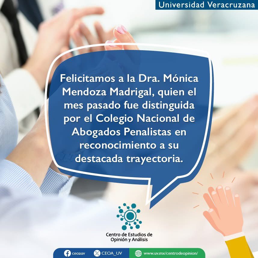 Por sus contribuciones en el ámbito jurídico y en la defensa de los derechos de las mujeres, el Colegio Nacional de Abogados Penalistas distinguió la trayectoria de la Dra. Mónica Mendoza Madrigal, posdoctorante del Centro de Estudios de Opinión y Análisis. 👏👏👏

#CEOA_UV
