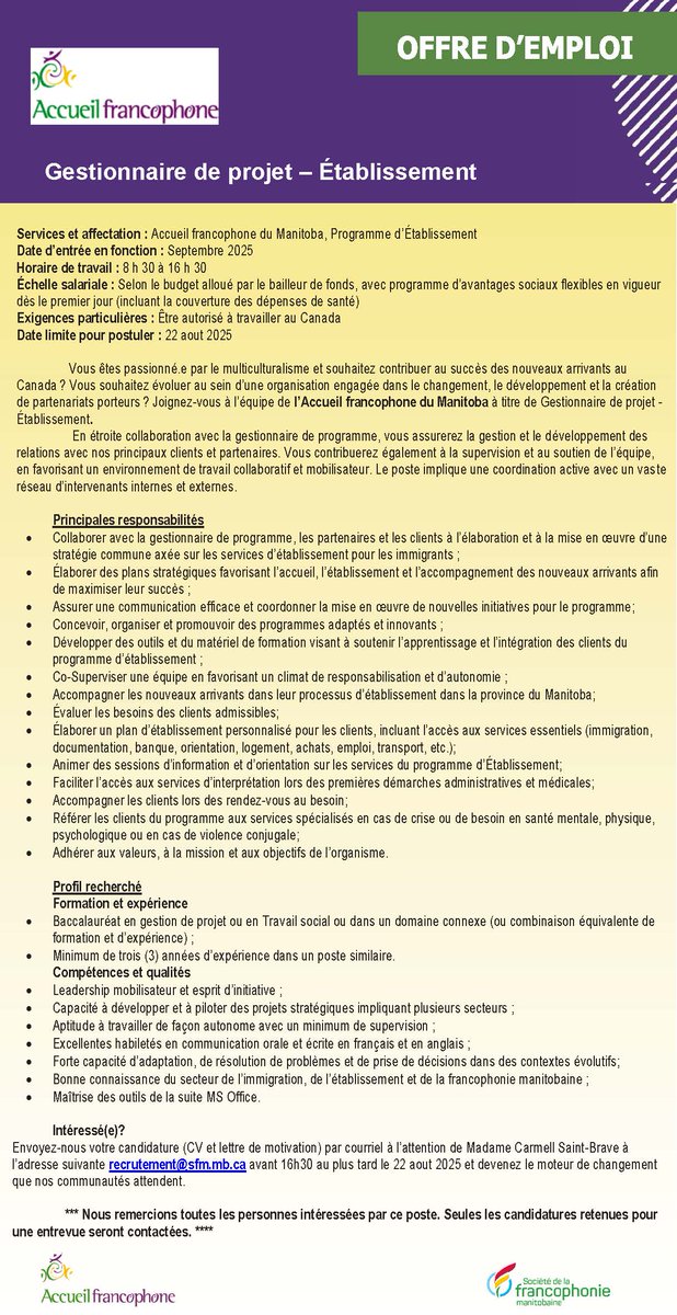 RIF MB (@rif_mb) on Twitter photo 📢 L’<a href="/AFrancophone/">accueil francophone</a> recrute !
L’Accueil francophone du Manitoba cherche un.e Gestionnaire de projet – Établissement pour coordonner l’accueil et l’intégration des nouveaux arrivants.
📅 Début : sept. 2025
⏳ Limite : 22 août
📧 CV + lettre → recrutement@sfm.mb.ca 📢 L’<a href="/AFrancophone/">accueil francophone</a> recrute !
L’Accueil francophone du Manitoba cherche un.e Gestionnaire de projet – Établissement pour coordonner l’accueil et l’intégration des nouveaux arrivants.
📅 Début : sept. 2025
⏳ Limite : 22 août
📧 CV + lettre → recrutement@sfm.mb.ca