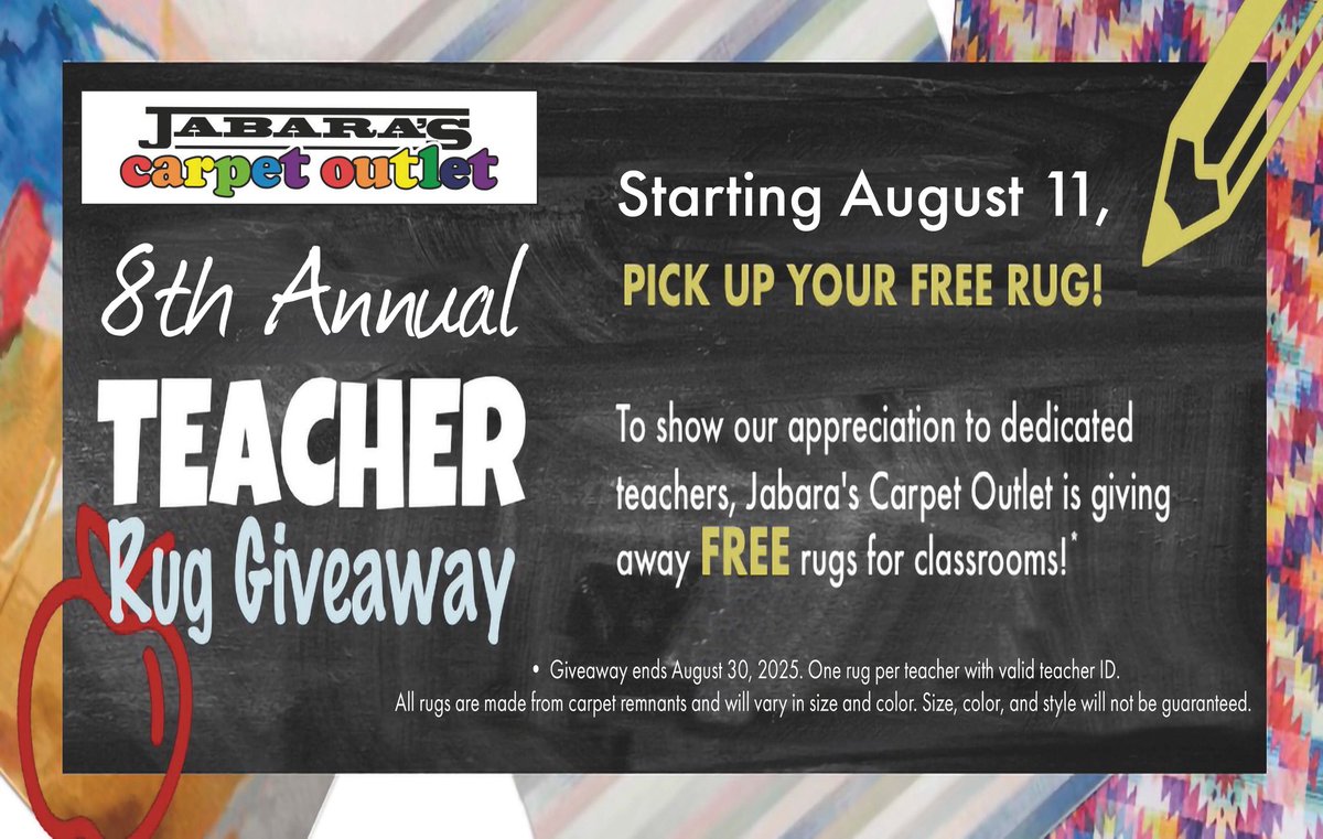 Our annual #teacherruggiveaway is going on now! Teachers, stop in any time during regular business hours, M-Sa, 9am-5pm to pick up your free rig for your classroom!
<a href="/WichitaUSD259/">Wichita Public Schools</a> <a href="/AndoverSchools/">Andover USD 385</a> <a href="/ArkCitySchools/">Ark City USD 470</a> <a href="/USD265_Goddard/">USD 265 - Goddard Public Schools</a> #maizeks #derbyks