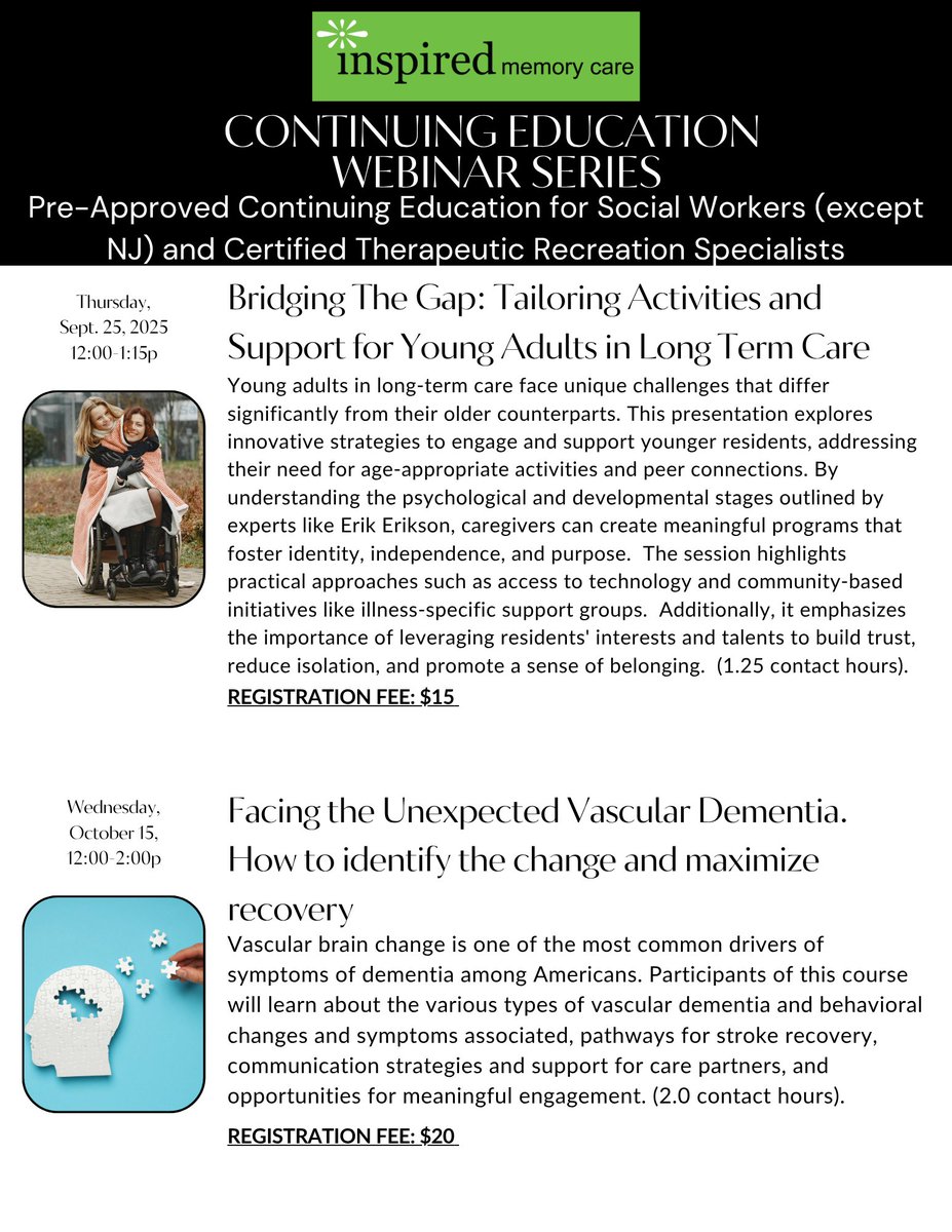 InspiredAlz's tweet photo. Join us for a continuing education webinar series. Contact hours are available for certified therapeutic recreation specialists and social workers in forty nine states  . . . - https://t.co/n3vkUZPiHp https://t.co/sjUPByLr4c