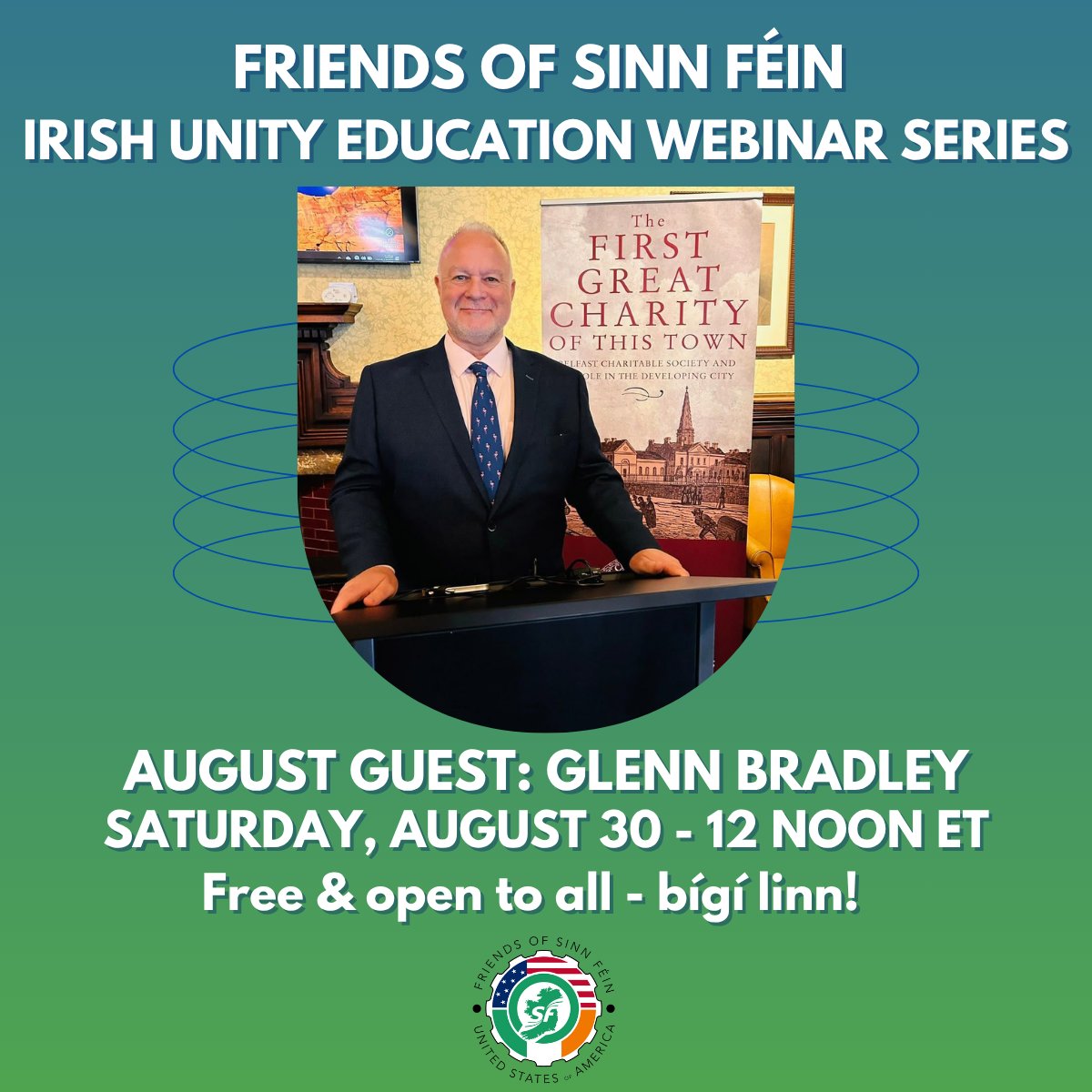 Sat, Aug 30 - a conversation w Glenn Bradley.  He'll share his story from growing up in a Unionist community to his involvement in negotiations of the GFA, &amp; his hopes for the future around the need for true reconciliation.  

Register for free here:  zoom.us/webinar/regist…