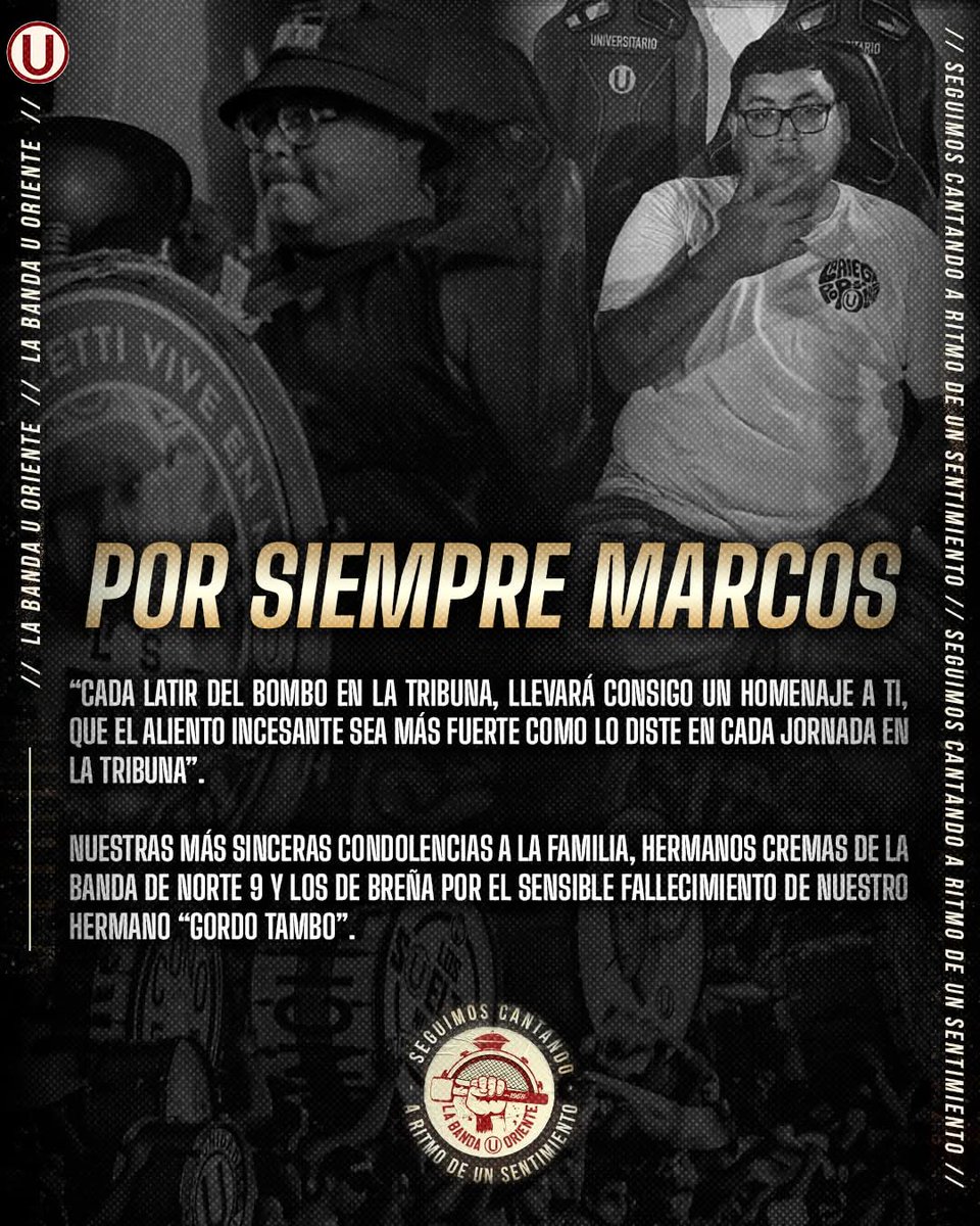 Cada latir del bombo en la tribuna llevará consigo un homenaje a ti, que el aliento incesante sea más fuerte como lo diste en la tribuna.

Nuestras condolencias a los hermanos de <a href="/LaBandadeNorte9/">La Banda De Norte</a> y LOS DE BREÑA por el sensible fallecimiento de nuestro hermano gordo Tambo