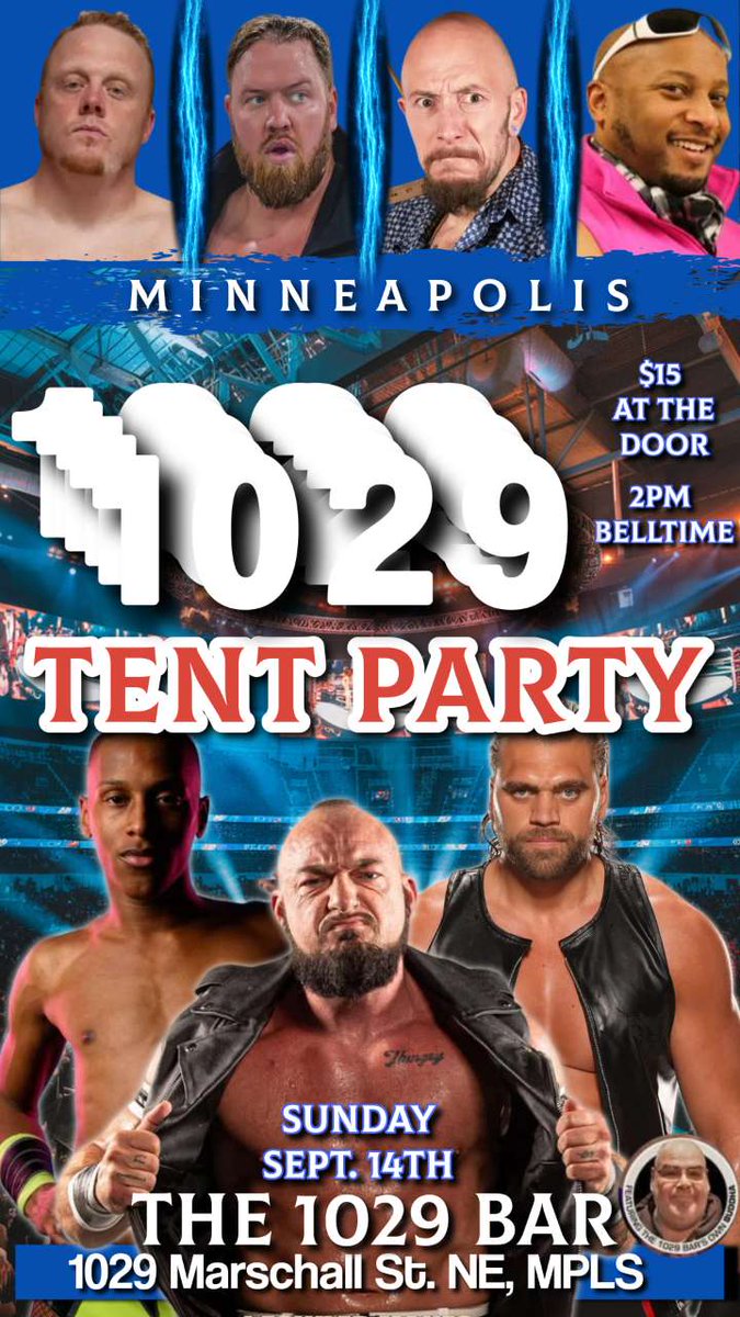 Sunday Sept 14th at the famous 1029 Bar in NE MPLS. Live pro wrestling, awesome food,cold drinks and after the show watch the Vikings beat up on the Falcons! #wrestling #liveshow #football #sports