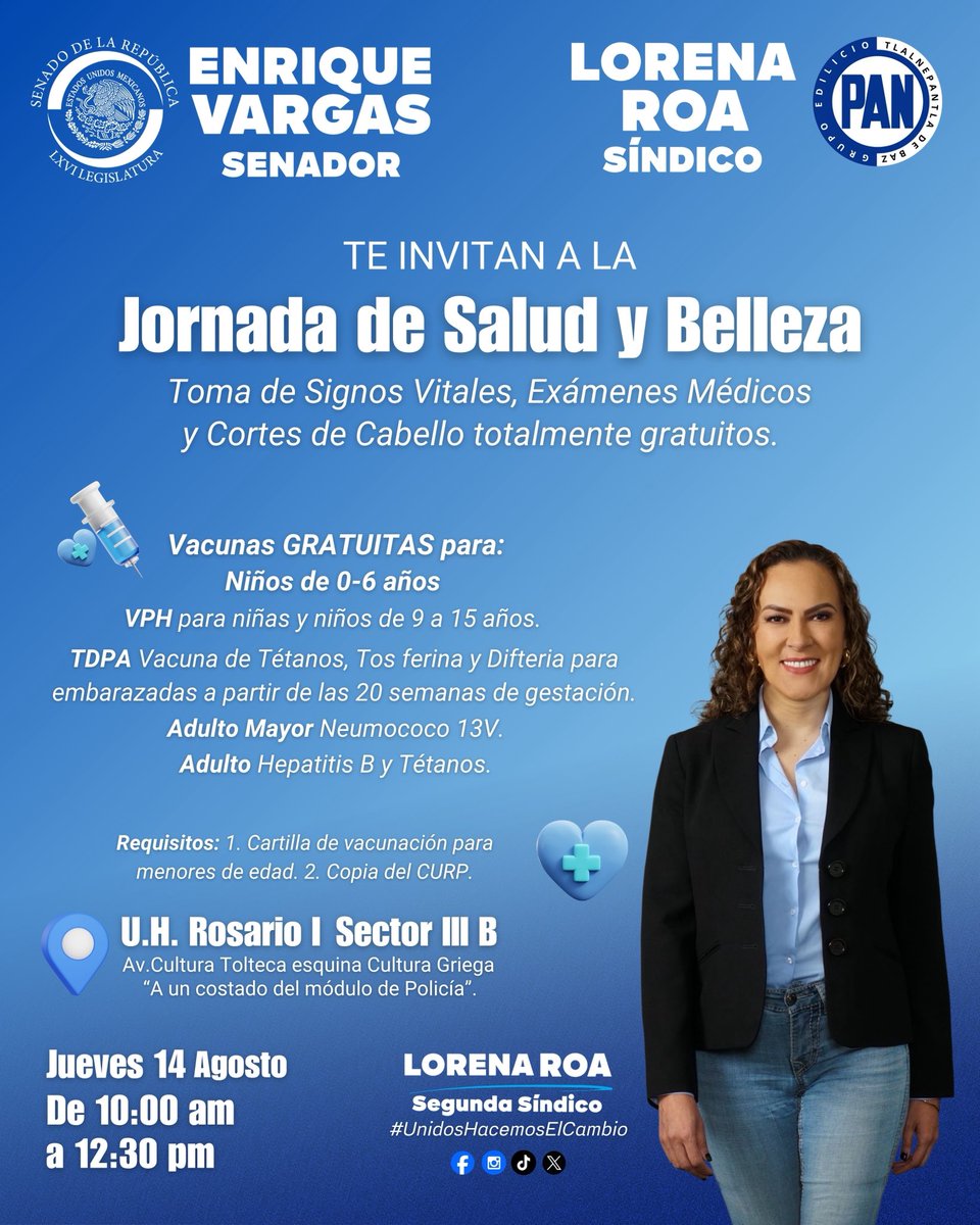 Lorena Roa (@loreroa19) on Twitter photo Nuestro Senador <a href="/EnriqueVargasdV/">Enrique Vargas Del Villar</a> y tu Síndico te invitan este jueves 14 de agosto a la Jornada de Salud y Belleza, podrás disfrutar de servicios de salud, cuidado personal y mucho más.
📍 U.H. El Rosario I Sector III B
🕘 9:00 am - 12:30 pm
💙 Atención gratuita
¡Los esperamos! Nuestro Senador <a href="/EnriqueVargasdV/">Enrique Vargas Del Villar</a> y tu Síndico te invitan este jueves 14 de agosto a la Jornada de Salud y Belleza, podrás disfrutar de servicios de salud, cuidado personal y mucho más.
📍 U.H. El Rosario I Sector III B
🕘 9:00 am - 12:30 pm
💙 Atención gratuita
¡Los esperamos!