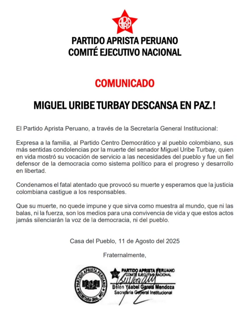 🔴 *COMUNICADO SGI*
La Secretaría General institucional del CEN, expresa su profundo pesar al pueblo colombiano por la muerte del senador colombiano Miguel Uribe Turbay.