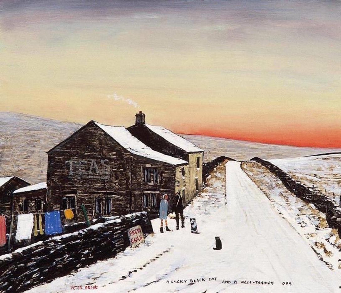 You get a lot of Peter Brook for your money with ‘A Lucky Black Cat and a Well-Trained Dog’, which brings together his favourite motifs: a line of washing, the ghost sign on the farmhouse wall, a spectacular evening sky and an obedient Shep, with the addition a feline friend.