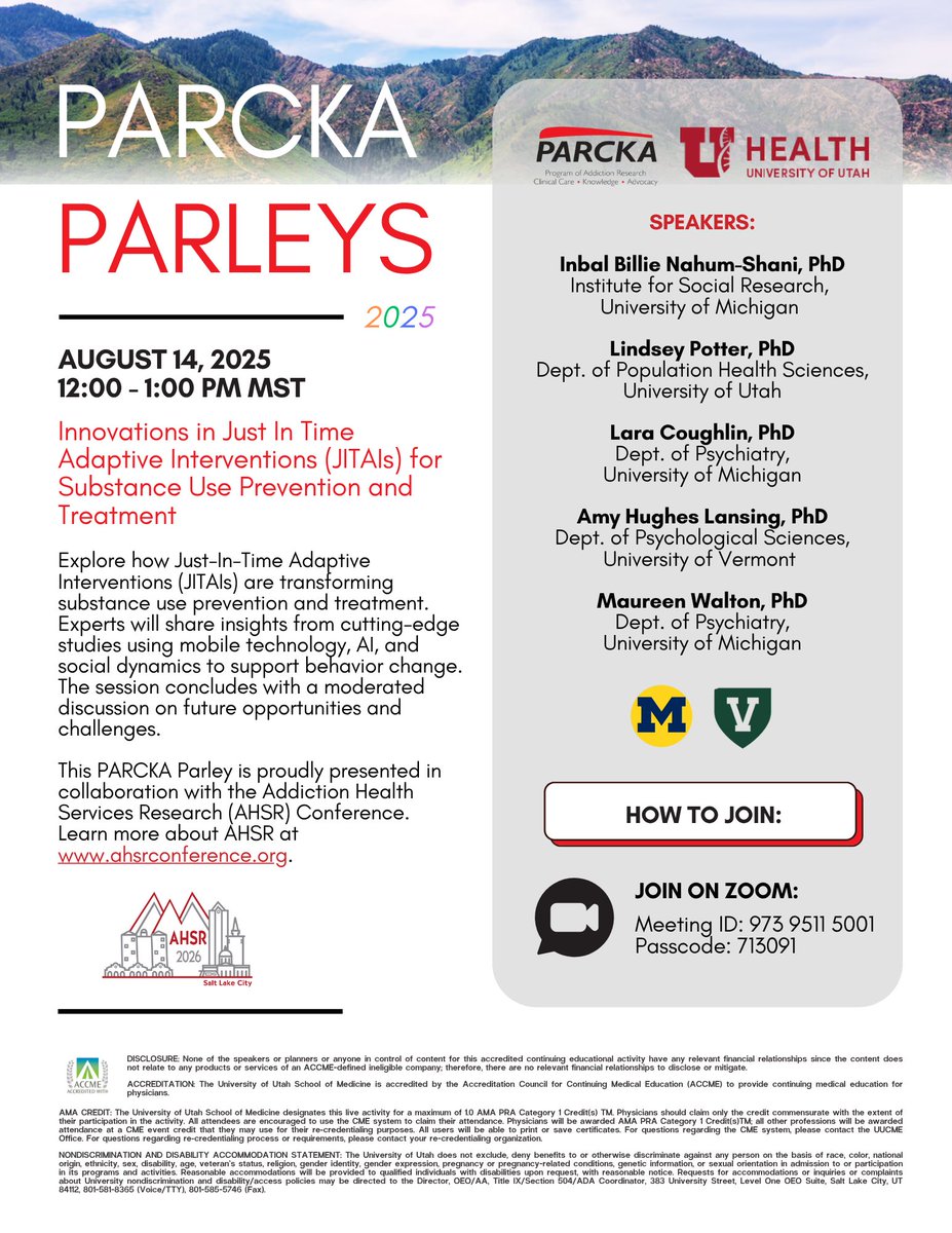 PARCKA (@uofu_parcka) on Twitter photo ๐จ Happening this Thurs, Aug 14 @ 12 PM MST! ๐จ
Explore how JITAIs are transforming substance use prevention & treatment using AI, mobile tech, & social dynamics.
Join the convo + expert insights! #PARCKAParleys #JITAIs ๐จ Happening this Thurs, Aug 14 @ 12 PM MST! ๐จ
Explore how JITAIs are transforming substance use prevention & treatment using AI, mobile tech, & social dynamics.
Join the convo + expert insights! #PARCKAParleys #JITAIs