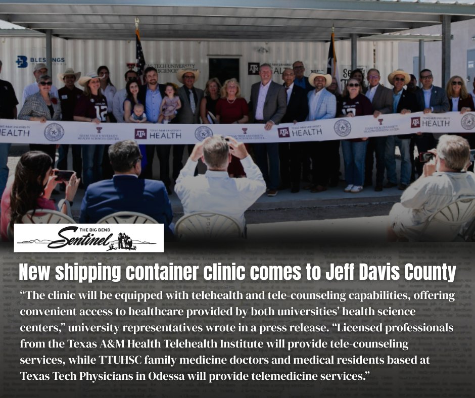 CesarJBlanco's tweet photo. The new Davis Mountain Medical Clinic is officially open in #FortDavis, expanding rural health access in #JeffDavis County.

I was proud to provide a resolution celebrating this milestone and the incredible partnerships that made it possible: Texas A&M Health, Texas Tech Health Sciences Center, and the student-led BUILD Team. This new clinic offers telehealth, diagnostics, and lab services, bringing critical care closer to home.

The clinic is open Tuesdays & Thursdays, from 8:30 am to 11:10 am CST.

To schedule an appointment, call the TTUHSC telehealth line at 432-703-5531 @TAMUHealth @TTUHSC