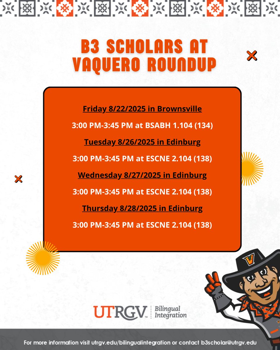 Welcome, Vaqueros! 🤠

As you begin your journey at UTRGV, we want to make sure you know about all the amazing opportunities available to you. That's why the B3 Scholar Seal program will be at Vaquero Roundup

Stop by our table to say hello and ask us anything about the program✨