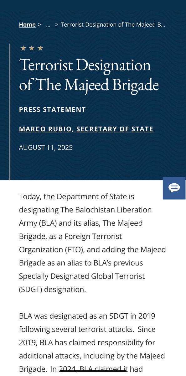 US designates the Baloch Liberation Army &amp; its suicide squad - Majeed Brigade as an FTO. MB mainly targets  Pak soldiers, infra, Chinese projects  &amp; citizens

With Munir (again) in US &amp; Pak’s longstanding charge of India backing the Baloch insurgency, the dots connect themselves