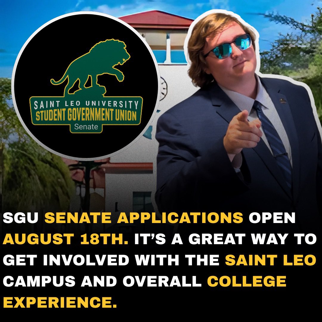 saintleosgu's tweet photo. Heads up! SGU Senate is in season. Applications are open August 18th-September 4th. It’s a great way to get involved and get an authentic college experience. Stay tuned for more this week, and DM us if you have any questions. https://t.co/HhunhHeIY9