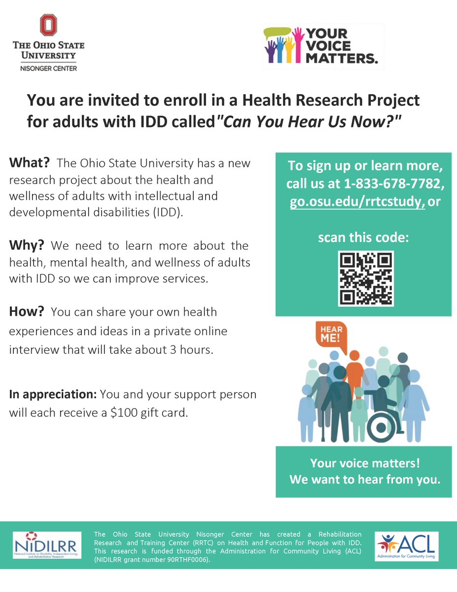 The OSU Rehabilitation Research Training Center (RRTC) is looking for adults with intellectual disability to participate in our health study! We want to learn more about individuals with intellectual disability and their health.

Please see the flyer and recruitment video below.