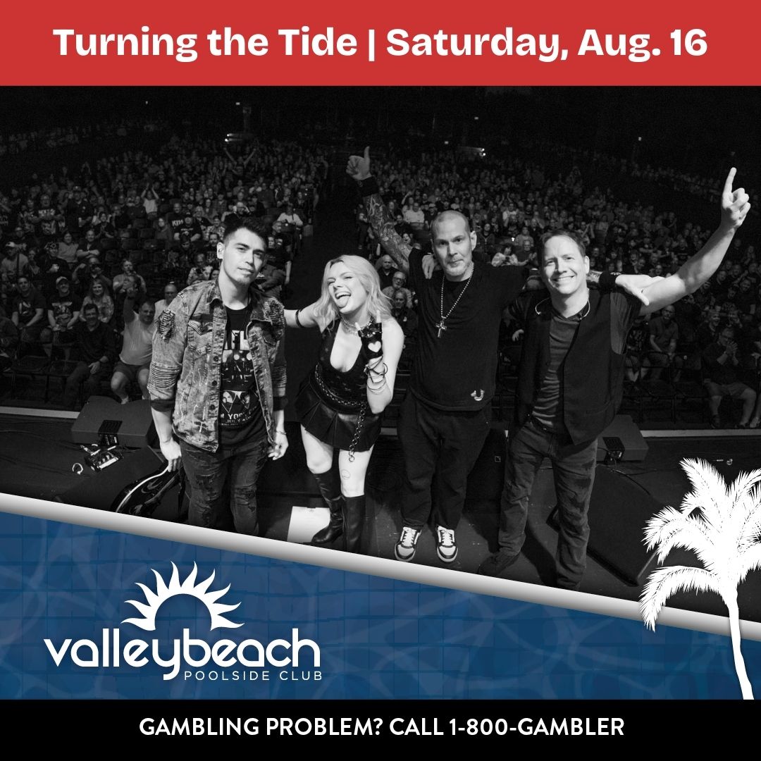 Party by the pool this weekend at Valley Beach! Chico's Vibe is playing Friday, Aug. 15, and Turning the Tide is live on Saturday, Aug. 16. 

Learn more: bit.ly/3TAvuOB
▫️
▫️
▫️
▫️
▫️
▫️
▫️
▫️
GAMBLING PROBLEM? CALL 1-800-GAMBLER
