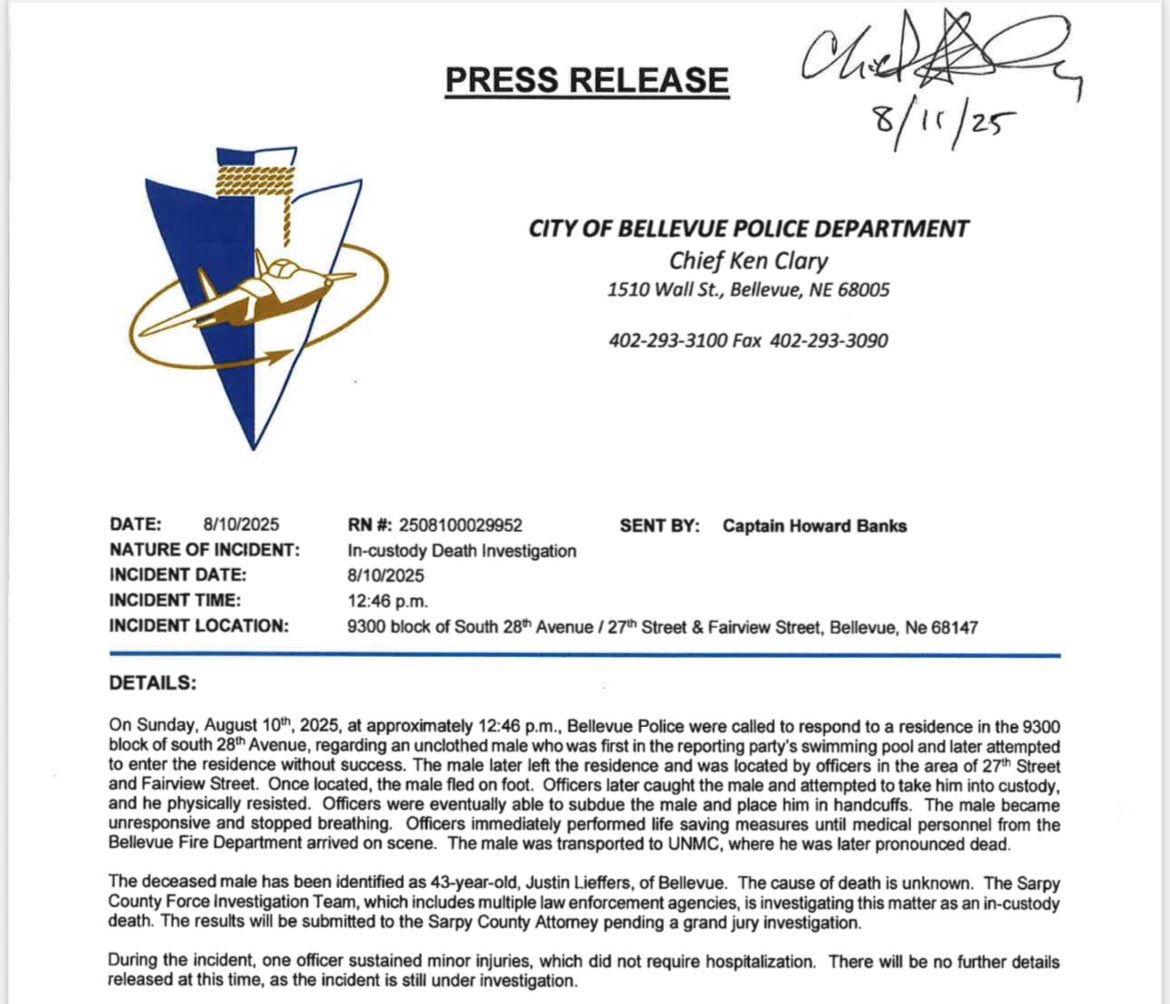 On Sunday, August 10th, 2025, at approximately 12:46 p.m., Bellevue Police were called to respond to a residence in the 9300
block of south 28th Avenue, regarding an unclothed male who was first in the reporting party's swimming pool and later attempted
to enter the residence