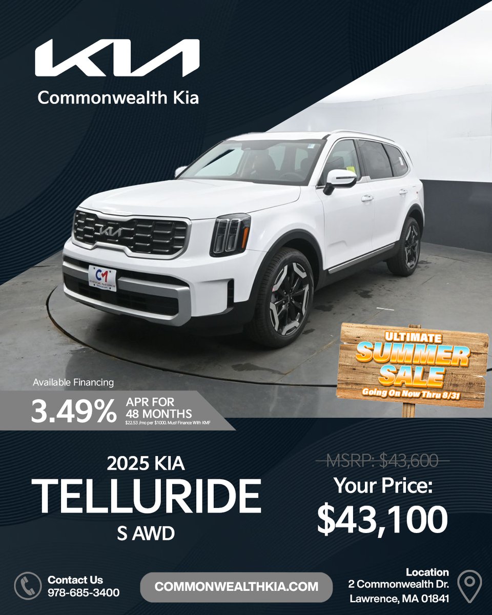 CMKIA_'s tweet image. 🚗✨ Ultimate Summer Sale Deal! ✨🚗
Drive home a 2025 Kia Telluride S AWD for just $43,100 — plus 3.49% APR for 48 months for qualified buyers!

Hurry — offer ends August 31 during our Ultimate Summer Sale!
🌐 commonwealthkia.com

#2025Telluride #KiaDeals