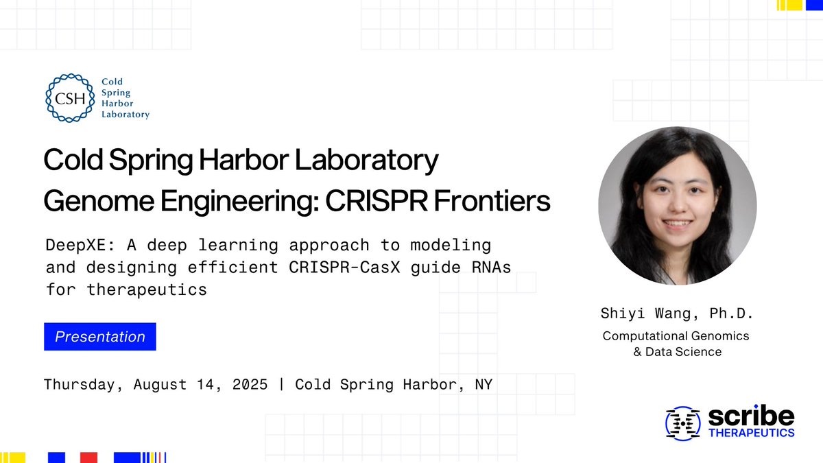 Scribe Therapeutics (@scribetx) on Twitter photo Deep learning for #CRISPR?
We're presenting "DeepXE" at <a href="/CSHL/">Cold Spring Harbor Laboratory</a>'s Genome Engineering: CRISPR Frontiers meeting—the 1st predictive model for on-target activity of our genome editor engineered from CasX.
Learn how we're tapping #AI to design efficient gRNAs for therapeutics. #CSHL Deep learning for #CRISPR?
We're presenting "DeepXE" at <a href="/CSHL/">Cold Spring Harbor Laboratory</a>'s Genome Engineering: CRISPR Frontiers meeting—the 1st predictive model for on-target activity of our genome editor engineered from CasX.
Learn how we're tapping #AI to design efficient gRNAs for therapeutics. #CSHL