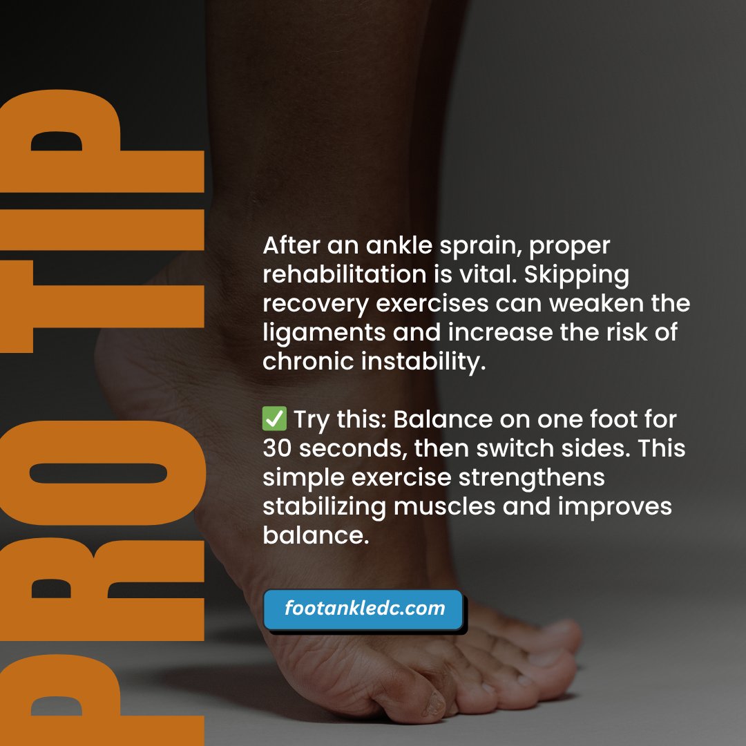 Footankledc's tweet image. Lower your risk of chronic ankle instability by building strength in the supporting muscles. After an injury, balance training and guided rehabilitation help restore stability and protect against future sprains.

#Orthopedics #AnkleInstability #OFAC #AnkleSprain #Strength #Tips