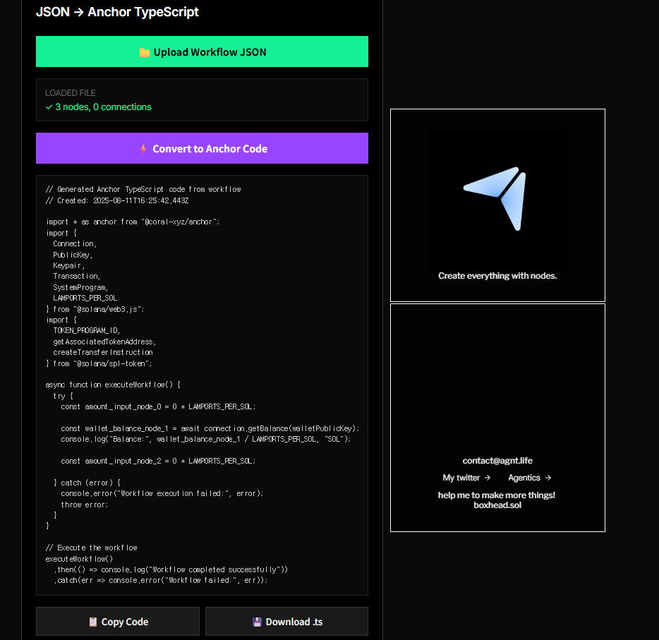 agntlife's tweet photo. https://t.co/NLIa42OUd6 

Since everyone wants to run actual executions based on the JSON file, I’ve updated the Anchor converter interface first!  

It will provide you with a coral-xyz/anchor-based TypeScript file that you can use. https://t.co/W6jvxBztQe