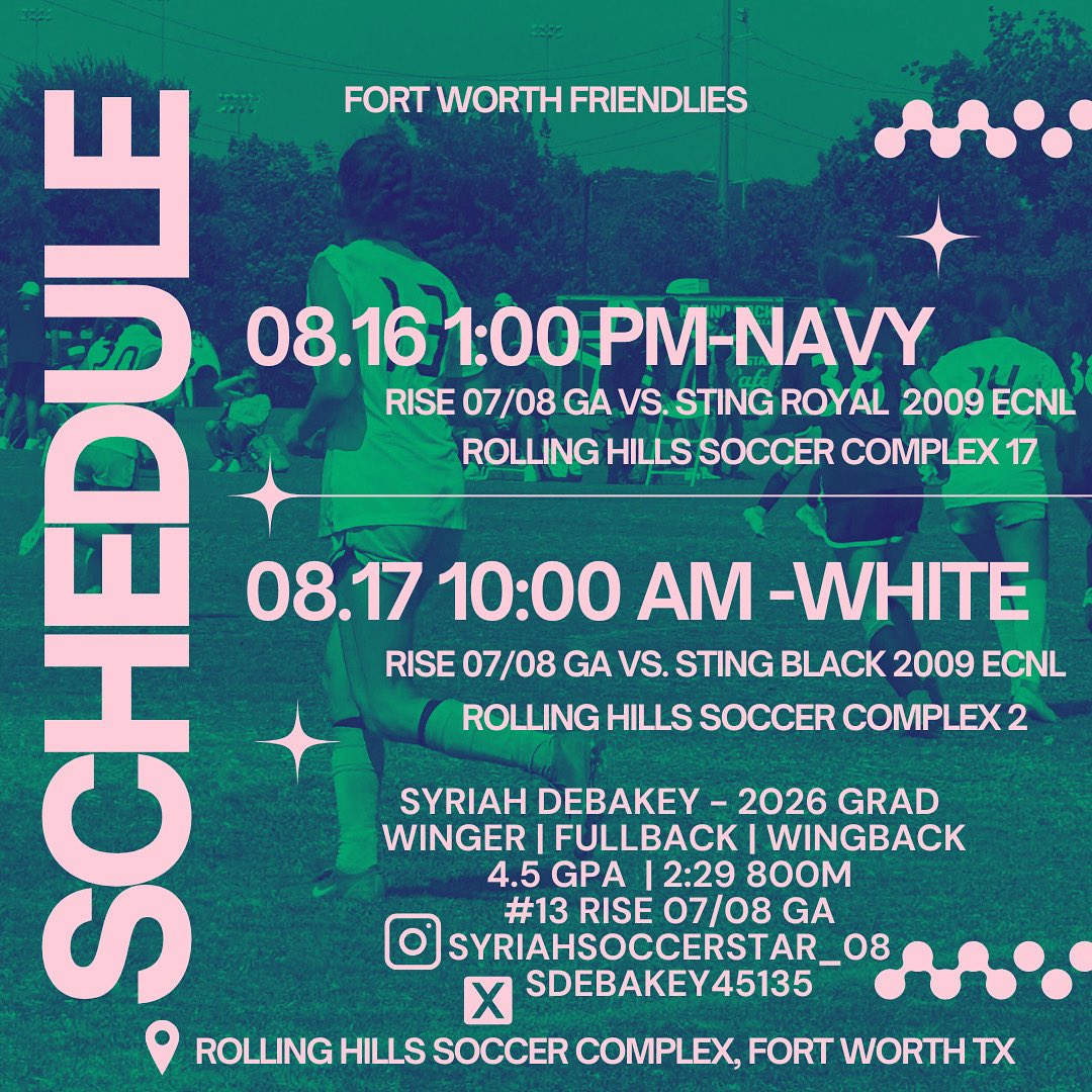 Here’s my schedule for the Fort Worth Friendlies! I’m so excited for the season to come! Go Rise! <a href="/Rise08G/">Rise08GA</a> <a href="/coachkevincross/">Kevin Cross</a> <a href="/CollegeSoccerID/">College Soccer ID</a>
