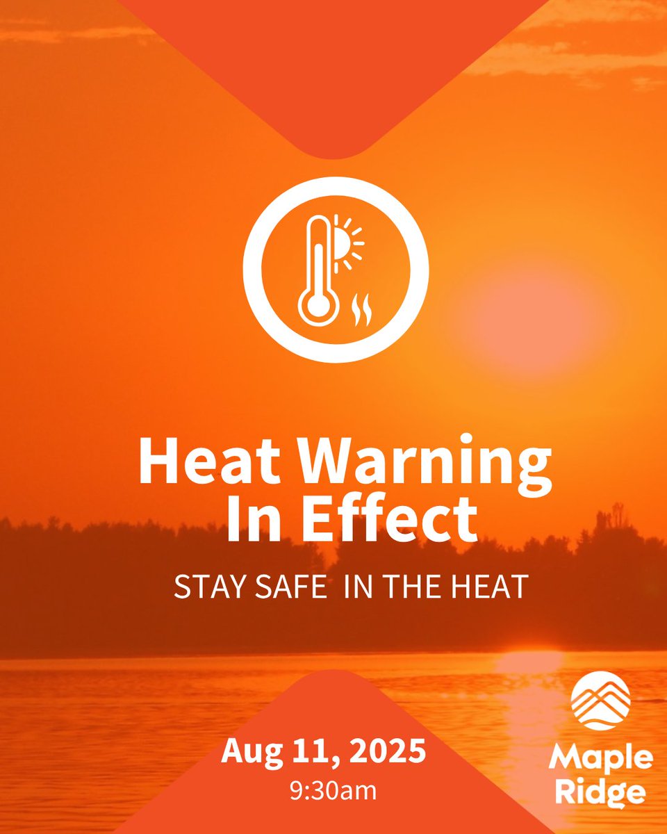 YourMapleRidge's tweet image. ☀️ Heat Warning today &amp;amp; tomorrow: highs 33°C+, warm nights 17°C+. Relief is coming Wednesday — but until then, let’s keep cool and look out for each other. 💛

✅ Cooling Centre: GMYC, 11 AM–7 PM
💧 Drink water | 🏠 Stay cool | 👋 Check on neighbours

Heat safety tips:
