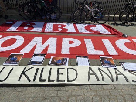 swilkinsonbc's tweet photo. Humanitarians hold a vigil outside the racist @BBC headquarters over their indifference to the israeli murder of fellow journalist #anasalsharif https://t.co/INq8T5CCv3