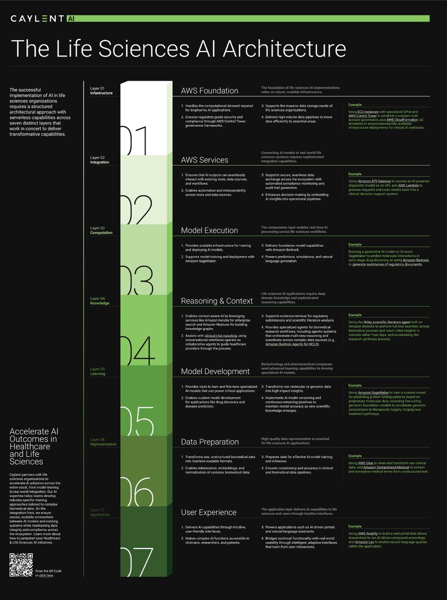 Implementing AI in Life Sciences is about more than just powerful models, it requires the right architecture to drive real, lasting impact. 

In our new infographic, Caylent’s Kimberly Schaefer and Brian Tarbox break down the seven interconnected layers needed to deliver secure,